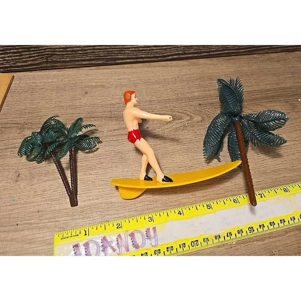Vintage 1980's Beach Palm Man Cake Topper Figure YELLOW SURFBOARD 4